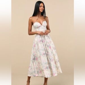 Ebba Ivory Floral Eyelet Embroidered Strapless Midi Dress by Lulus